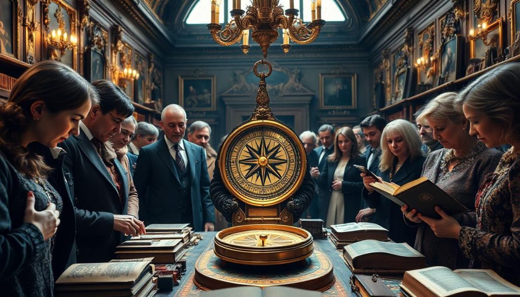 Фотореалистичный вид антикварного зала в России, демонстрирующий искусство оценки ценностей. В центре — красивый старинный компас в золотой рамке и бархатной ткани, вокруг которого люди рассматривают предметы старины.
