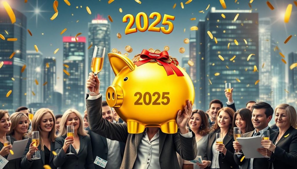 Празднование финансовой свободы группой людей в России в 2025 году, окруженных деньгами и графиками, с золотой копилкой в центре.